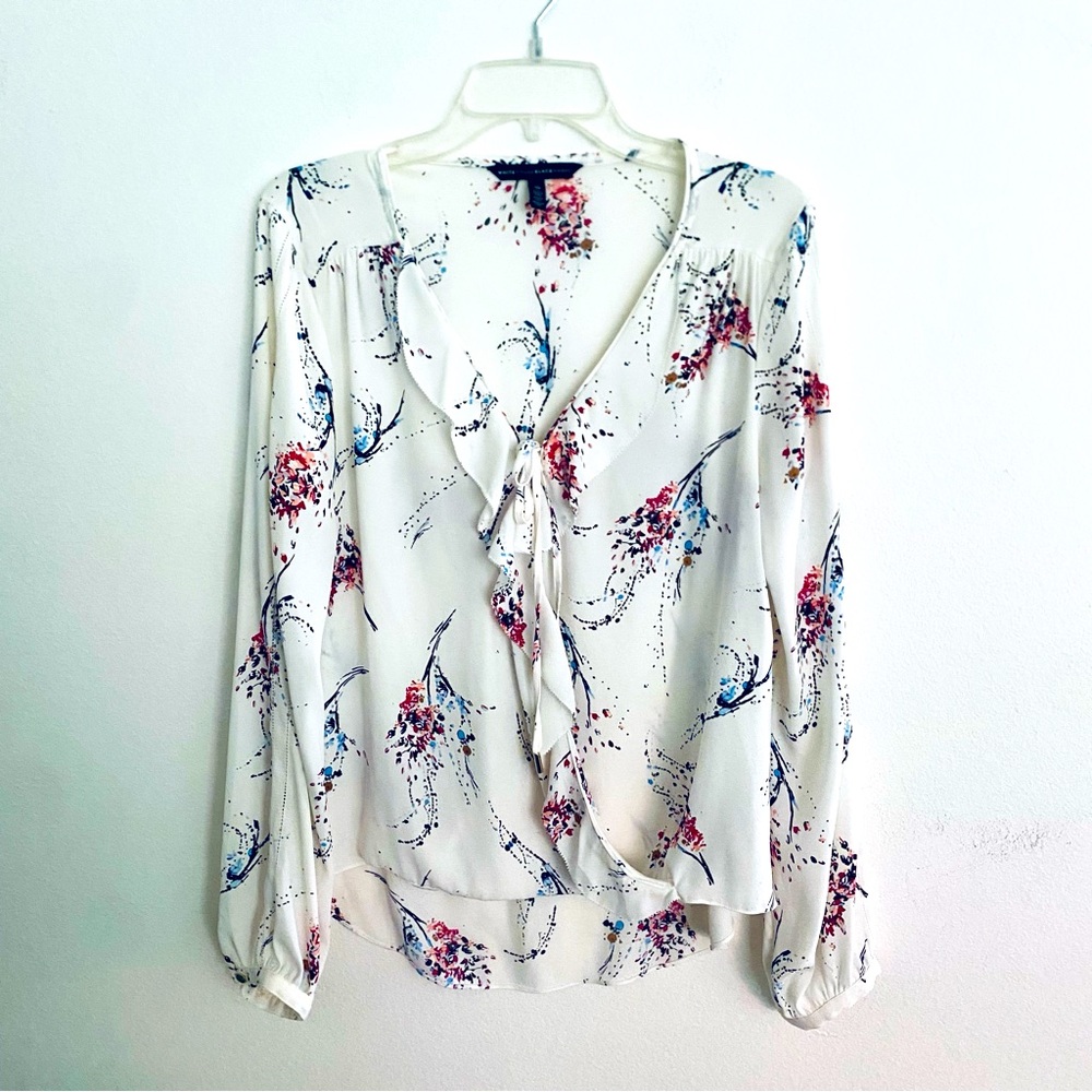 White House Black Market Floral Tie-Front Blouse - White and Pink